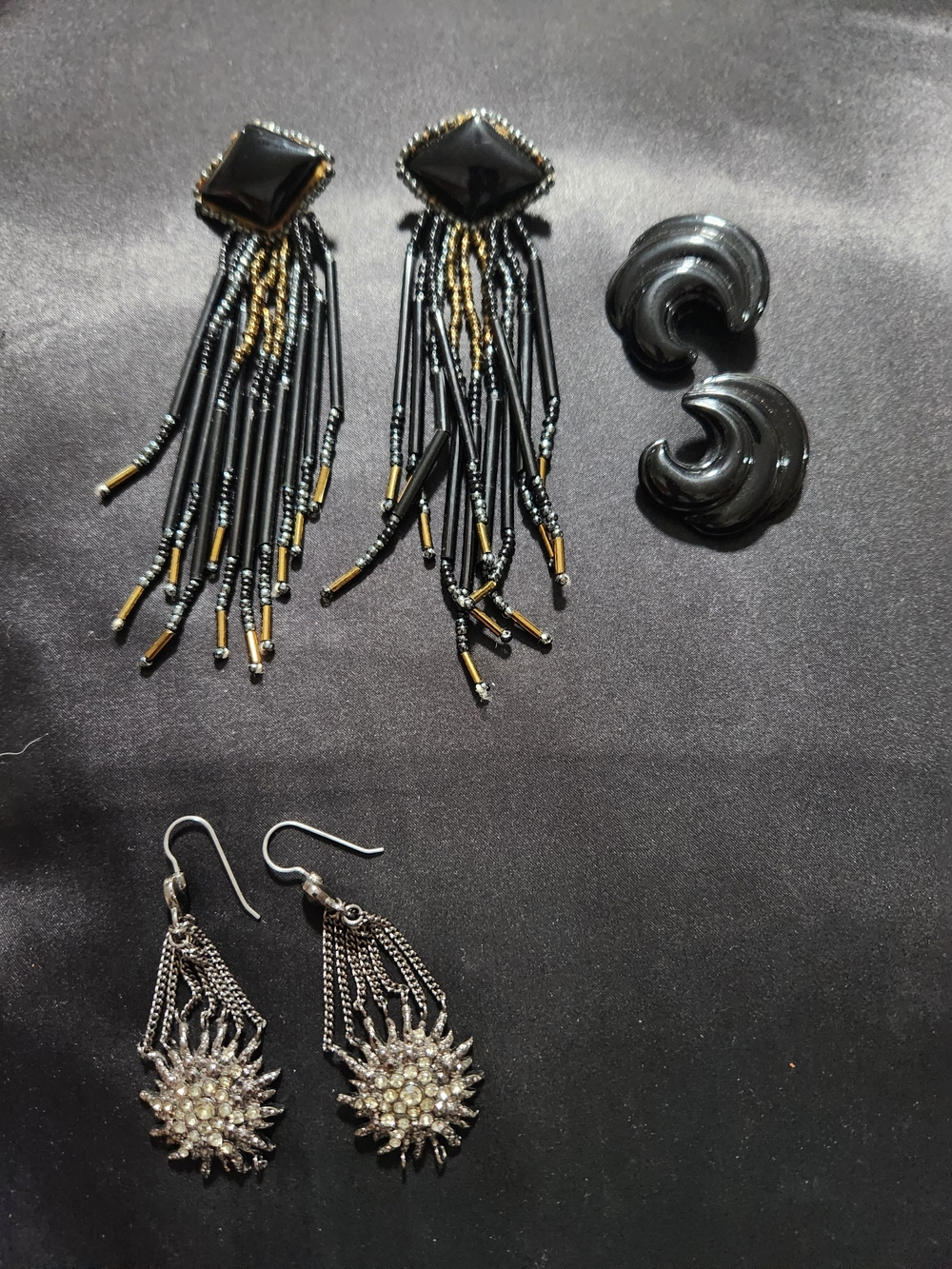 Black and Gold Beaded Fringe Statement Earrings